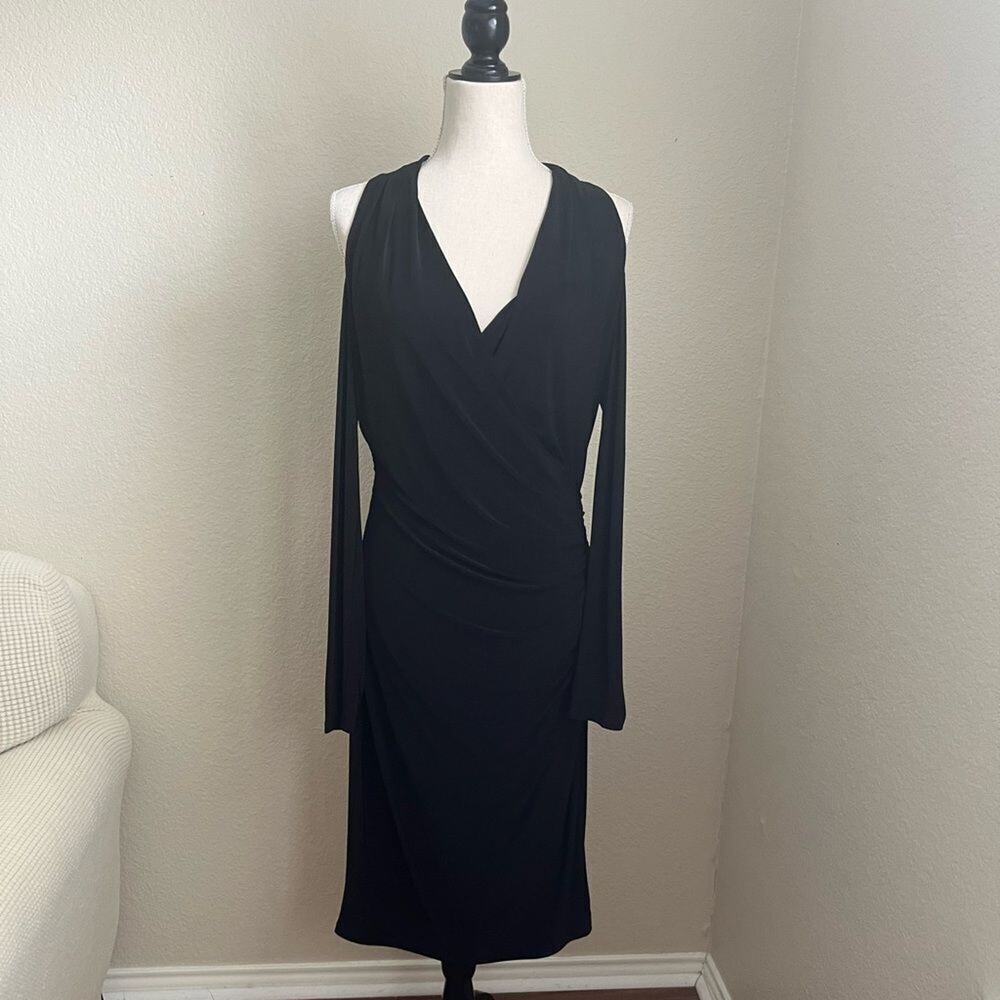 DKNY Black Cold Shoulder Midi V Neck Dress